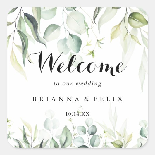 Waterverf Eucalyptus Greenery Wedding Welkom Vierkante Sticker (Voorkant)