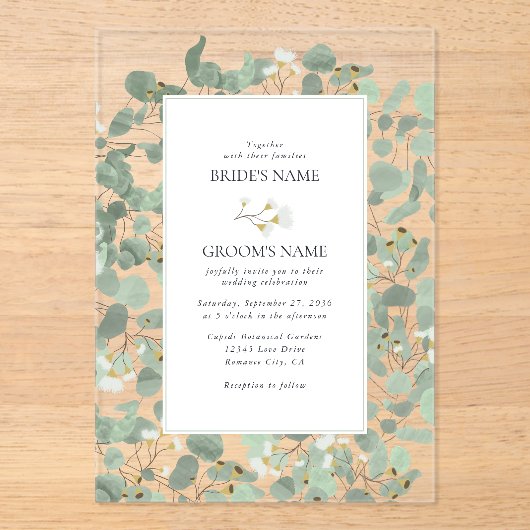 Waterverf Eucalyptus groen bloesems bruiloft Acryl Uitnodigingen (Voorkant)