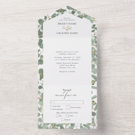Waterverf Eucalyptus groen bloesems bruiloft All In One Uitnodiging (Binnen)