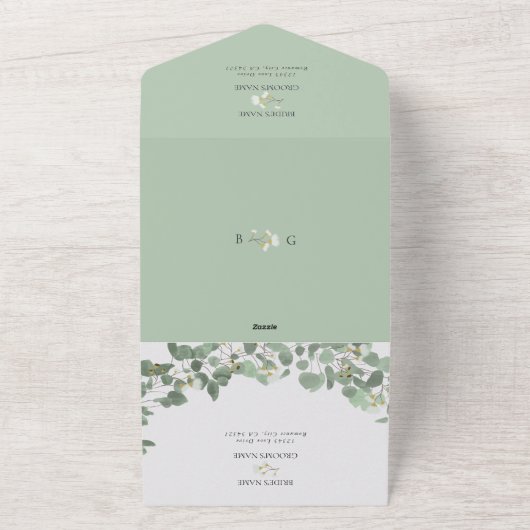 Waterverf Eucalyptus groen bloesems bruiloft All In One Uitnodiging (Buitenkant)
