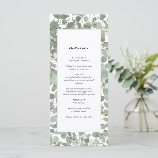 Waterverf Eucalyptus groen bloesems bruiloft Menu (Staand voorkant)
