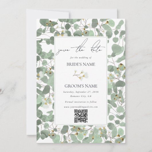 Waterverf Eucalyptus groen bloesems bruiloft Save The Date (Voorkant)
