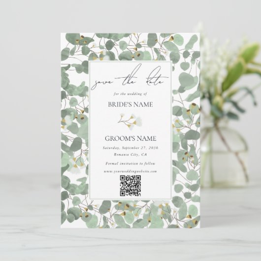 Waterverf Eucalyptus groen bloesems bruiloft Save The Date (Staand voorkant)