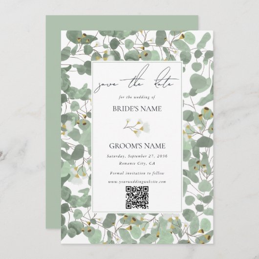 Waterverf Eucalyptus groen bloesems bruiloft Save The Date (Voorkant / Achterkant)