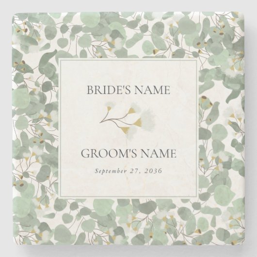 Waterverf Eucalyptus groen bloesems bruiloft Stenen Onderzetter (Voorkant)