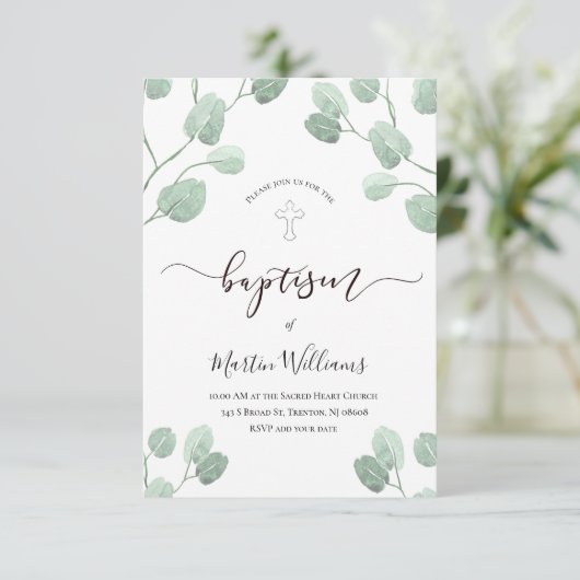 waterverf eucalyptus groen doop kaart (Staand voorkant)