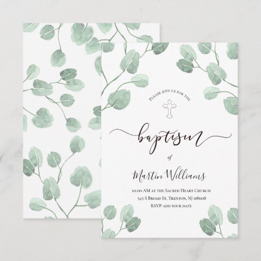 waterverf eucalyptus groen doop kaart (Voorkant / Achterkant)