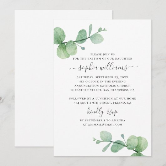 Waterverf eucalyptus. Groen gebladerte in doop Kaart (Voorkant / Achterkant)