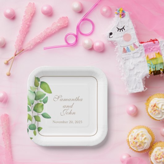 Waterverf eucalyptus groen gebladerte papieren bordje (Feest)