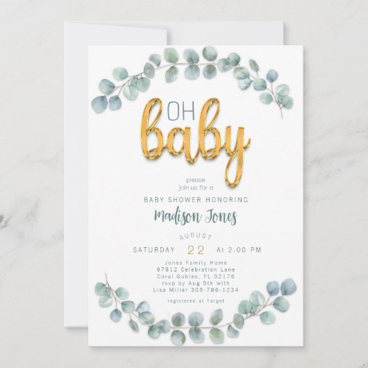 Waterverf Eucalyptus groen goud Baby shower Kaart (Voorkant)
