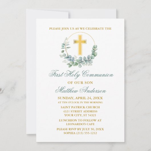 Waterverf Eucalyptus Groen Goud Eerste Communie Kaart (Voorkant)