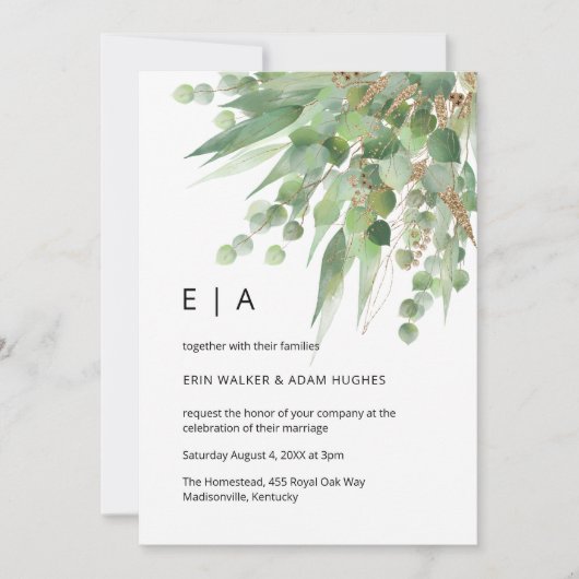 Waterverf eucalyptus groen & gouden bladeren bruil kaart (Voorkant)