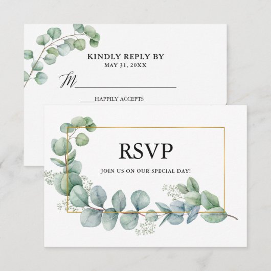 Waterverf Eucalyptus groen gouden bruiloft maaltij RSVP Kaartje (Voorkant / Achterkant)