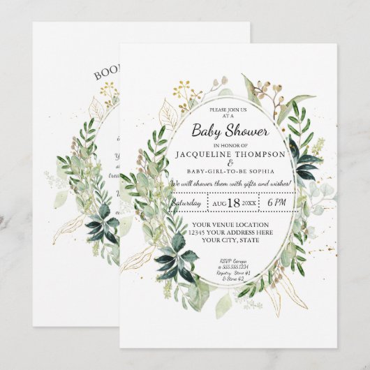 Waterverf Eucalyptus groen in goud Baby shower Kaart (Voorkant / Achterkant)