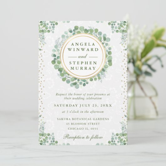 Waterverf Eucalyptus groen krans bruiloft Kaart (Staand voorkant)