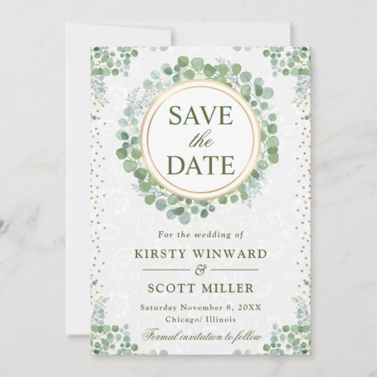 Waterverf Eucalyptus groen krans bruiloft Save The Date (Voorkant)