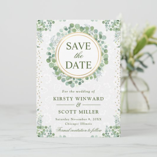 Waterverf Eucalyptus groen krans bruiloft Save The Date (Staand voorkant)