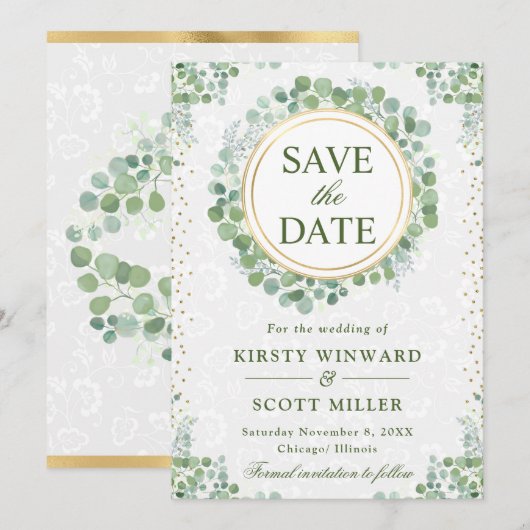 Waterverf Eucalyptus groen krans bruiloft Save The Date (Voorkant / Achterkant)