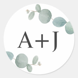 Waterverf Eucalyptus groen met Initialen Ronde Sticker