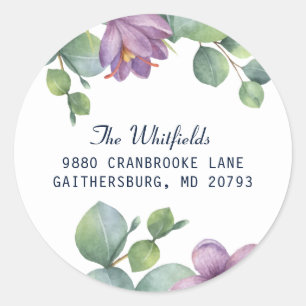 Waterverf Eucalyptus Groen Paarse Adreslabel Ronde Sticker