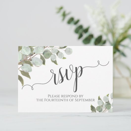 Waterverf Eucalyptus & Groen Rustiek Bruiloft RSVP Kaartje (Staand voorkant)