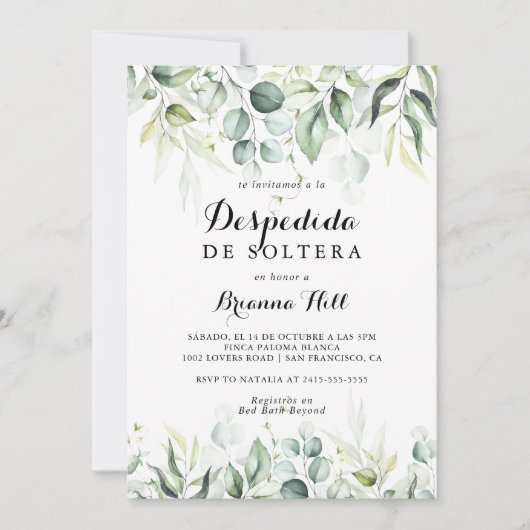 Waterverf Eucalyptus Groen Spaans Vrijgezellenfees Kaart (Voorkant)