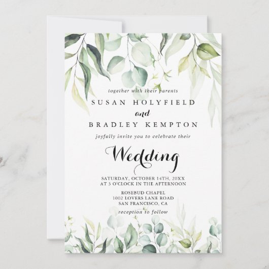 Waterverf Eucalyptus Groen Voor & Achterbruiloft Kaart (Voorkant)