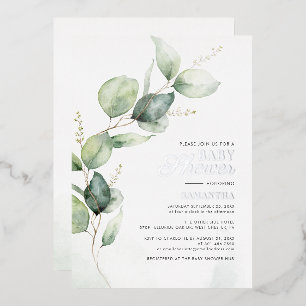 Waterverf Eucalyptus Groene Baby Shower Zilver Folie Uitnodiging