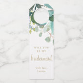 Waterverf Eucalyptus Groene Bruidsmeisje Voorstel Flessenhanger (Voorkant)