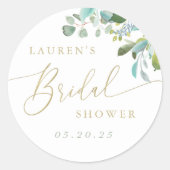 Waterverf Eucalyptus Groene Bruilofts Bruidsshower Ronde Sticker (Voorkant)