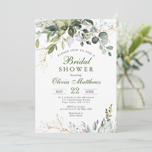 Waterverf Eucalyptus Groene Bruiloftsborrel Kaart (Staand voorkant)