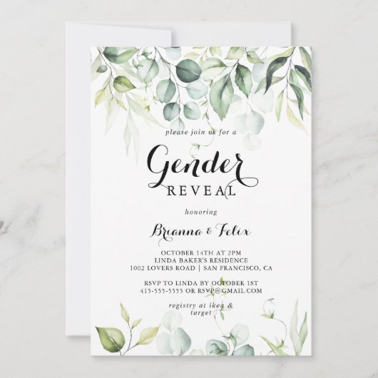 Waterverf Eucalyptus Groene Gender Reveal Party Kaart (Voorkant)