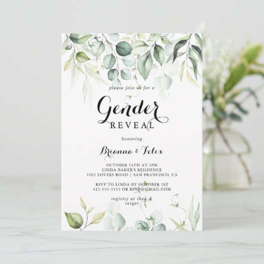 Waterverf Eucalyptus Groene Gender Reveal Party Kaart (Staand voorkant)