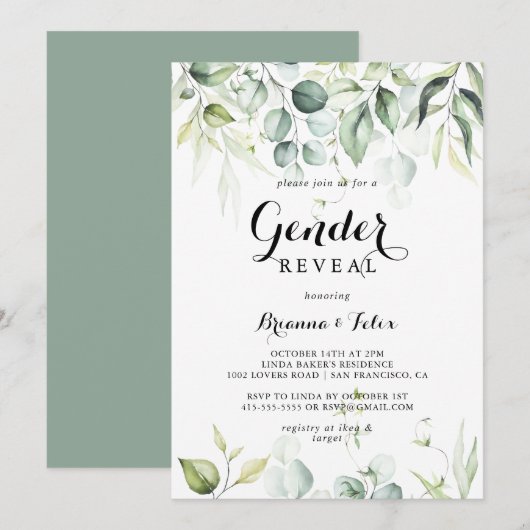 Waterverf Eucalyptus Groene Gender Reveal Party Kaart (Voorkant / Achterkant)