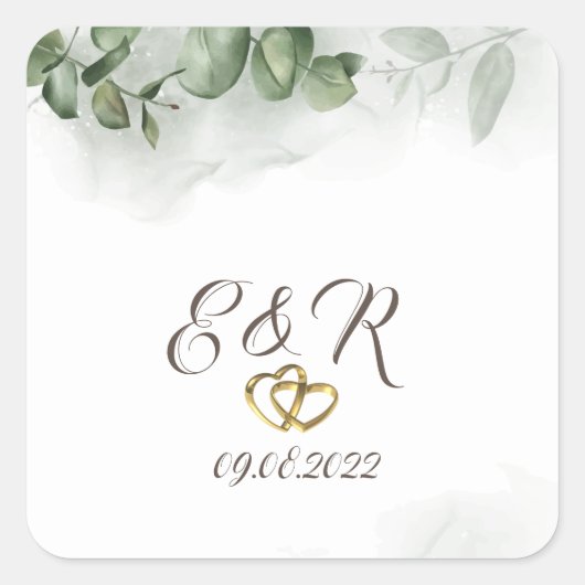 Waterverf Eucalyptus Groene Harten Bruiloft Vierkante Sticker (Voorkant)