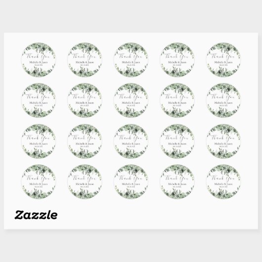 Waterverf Eucalyptus Groene Huwelijks Dankjewel Ronde Sticker (Vel)