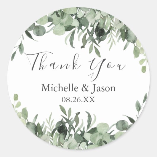 Waterverf Eucalyptus Groene Huwelijks Dankjewel Ronde Sticker (Voorkant)