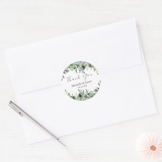 Waterverf Eucalyptus Groene Huwelijks Dankjewel Ronde Sticker (Envelop)