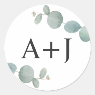 Waterverf Eucalyptus Groene planten met Initialen Ronde Sticker