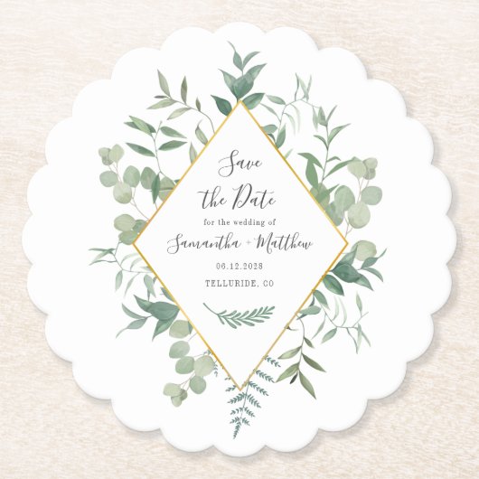 Waterverf Eucalyptus Groene Save the Date Kartonnen Onderzetters (Voorkant)