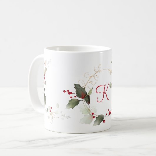 Waterverf Eucalyptus Holly Berry Glitter Holiday Koffiemok (Voorkant links)