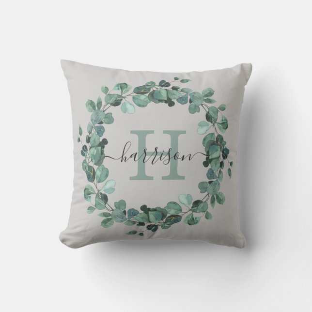 Waterverf Eucalyptus Krans Groene Monogram Kussen (Voorkant)