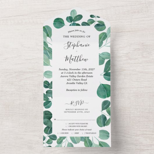 Waterverf Eucalyptus laat botanische bruiloft acht All In One Uitnodiging (Binnen)