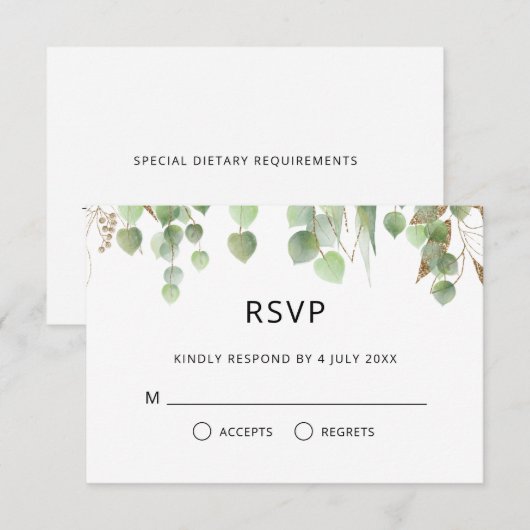 Waterverf Eucalyptus laat gouden olievlekken RSVP Kaartje (Voorkant / Achterkant)