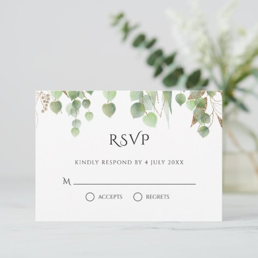 Waterverf Eucalyptus laat gouden olievlekken RSVP Kaartje (Staand voorkant)