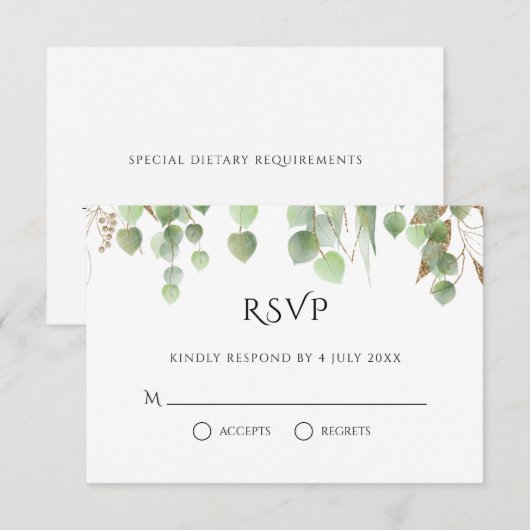 Waterverf Eucalyptus laat gouden olievlekken RSVP Kaartje (Voorkant / Achterkant)