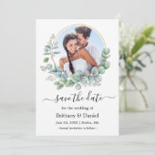 Waterverf Eucalyptus laat ronde foto Lijst Save The Date (Staand voorkant)