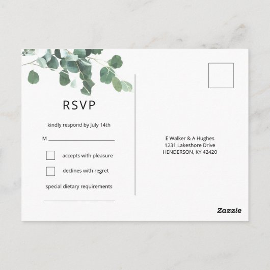 Waterverf Eucalyptus laat RSVP Modern Font Briefkaart (Achterkant)