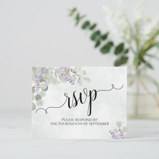 Waterverf Eucalyptus & Lavendel Bruiloft RSVP Briefkaart (Staand voorkant)