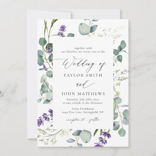 Waterverf eucalyptus lavendel kalligrafie bruiloft kaart (Voorkant)